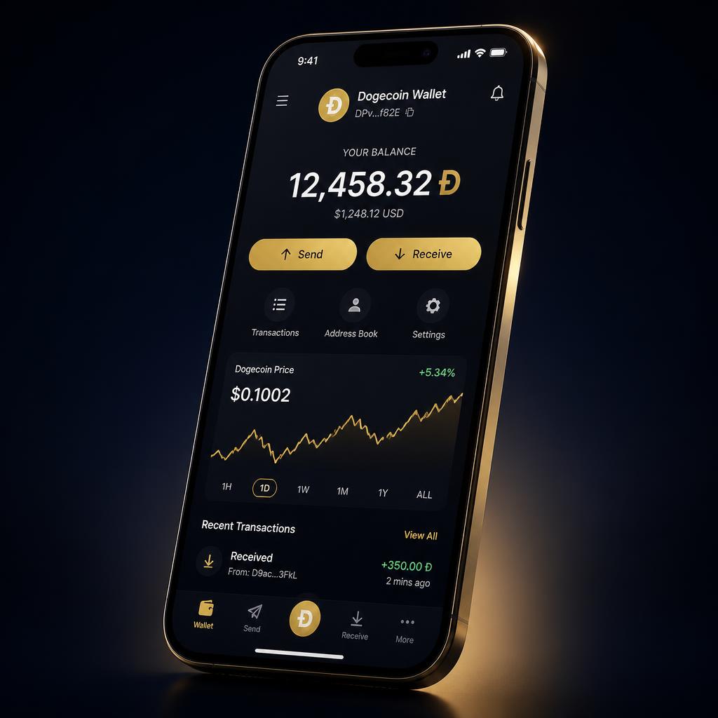 Dogecoin Wallet app shown on iPhone with balance, send and receive buttons, and a price chart